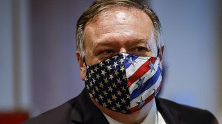 FILE - In this Aug. 20, 2020 file photo Secretary of State Mike Pompeo departs a meeting with members of the UNSC about Iran's alleged non-compliance with a nuclear deal.