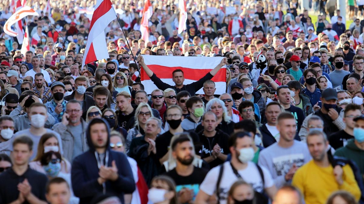 People march during a demonstration called by opposition movement for an end to the Lukashenko regime in Minsk on September 20, 2020.