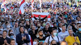 People march during a demonstration called by opposition movement for an end to the Lukashenko regime in Minsk on September 20, 2020.