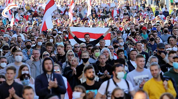 People march during a demonstration called by opposition movement for an end to the Lukashenko regime in Minsk on September 20, 2020. People march during a demonstration called by opposition movement for an end to the Lukashenko regime in Minsk on September 20, 2020.