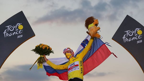 Tour de France winner Slovenia's Tadej Pogacar, wearing the overall leader's yellow jersey Tour de France winner Slovenia's Tadej Pogacar, wearing the overall leader's yellow jersey
