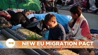 Migrants wait for new accommodation after devastaing fire at their camp on the Greek island of Lesbos .