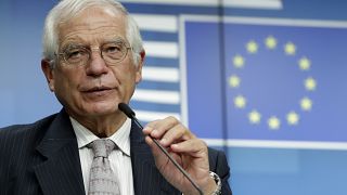 European Union foreign policy chief Josep Borrell after a meeting of EU foreign affairs ministers at the European Council building in Brussels, Sept. 21, 2020.