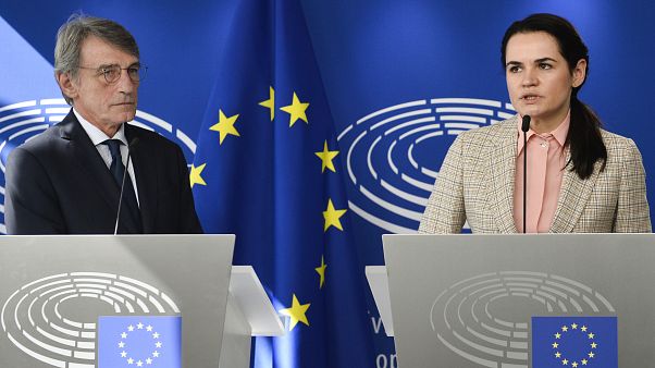 Belarusian opposition leader Sviatlana Tsikhanouskaya, right, and European Parliament President David Sassoli Belarusian opposition leader Sviatlana Tsikhanouskaya, right, and European Parliament President David Sassoli
