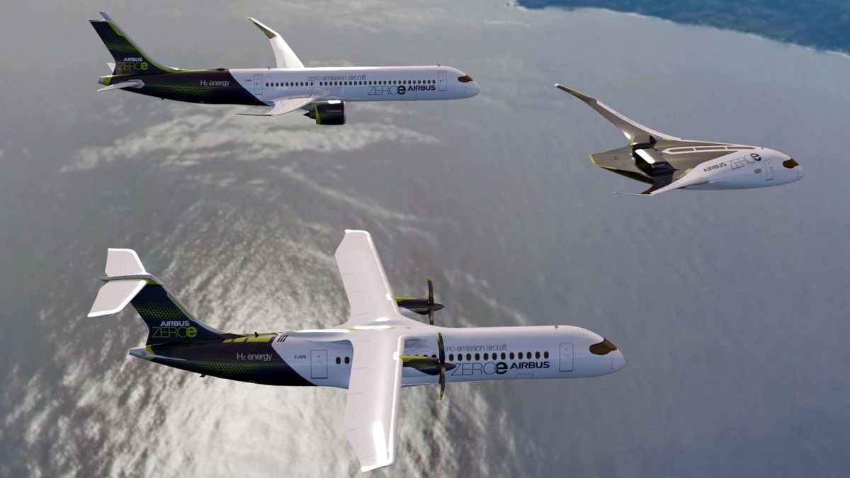 Vue virtuelle des trois concepts d'avion fonctionnant à l'hydrogène présentés par Airbus