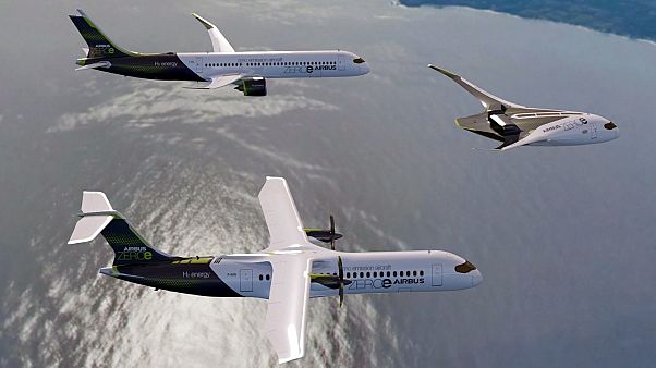 Vue virtuelle des trois concepts d'avion fonctionnant à l'hydrogène présentés par Airbus Vue virtuelle des trois concepts d'avion fonctionnant à l'hydrogène présentés par Airbus