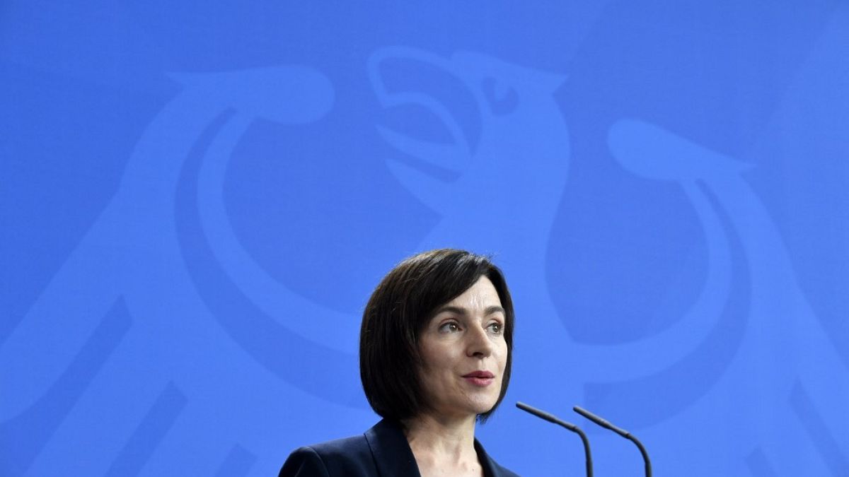 Moldova's then-Prime Minister Maia Sandu speaks during a press conference with German Chancellor at the Chancellery in Berlin on July 16, 2019