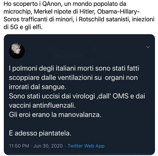 This conspiracy theorist claims: “The lungs of dead Italians were blown up by ventilators as their organs were not supplied with blood. They were killed by virologists, the WHO, and flu vaccines. The heroes were the labourers. And now just stop it.”