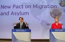 Margaritas Schinas, left, and European Commissioner for Home Affairs Ylva Johansson present the EU's New Pact on Migration and Asylum