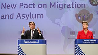 Margaritas Schinas, left, and European Commissioner for Home Affairs Ylva Johansson present the EU's New Pact on Migration and Asylum