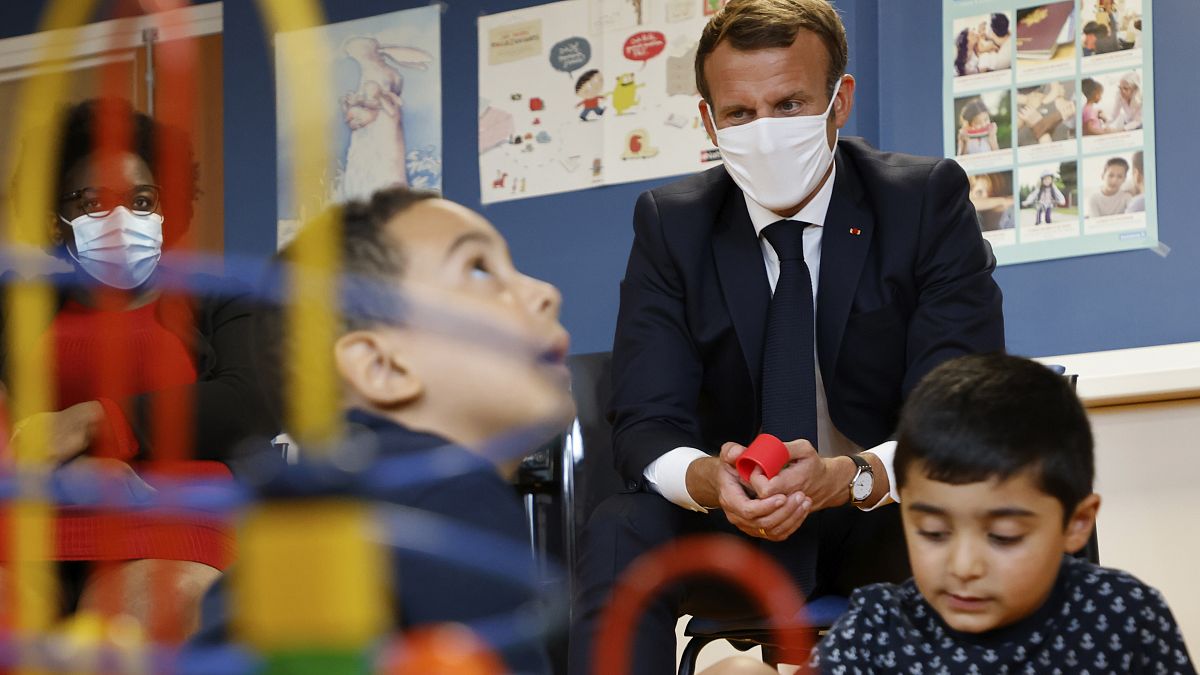 French President Emmanuel Macron during a visit to a Mother and Child Protection Centre on  Sept. 23, 2020.