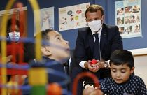 French President Emmanuel Macron during a visit to a Mother and Child Protection Centre on  Sept. 23, 2020.