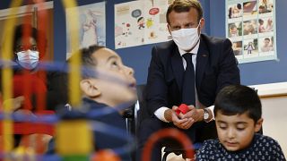 French President Emmanuel Macron during a visit to a Mother and Child Protection Centre on  Sept. 23, 2020.