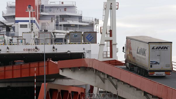 A lorry boards a ferry at the Hook of Holland terminal in Rotterdam, Netherlands, September 11, 2018. 