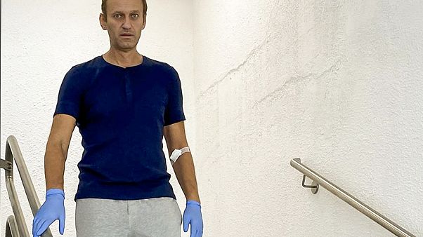 Russian opposition leader Alexei Navalny walks down stairs in a hospital in Berlin, Germany on Sept. 19, 2020. Russian opposition leader Alexei Navalny walks down stairs in a hospital in Berlin, Germany on Sept. 19, 2020.