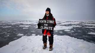 British climate youth activist Mya-Rose Craig standing on ice floe holding a sign reading "Youth Strike for Climate".
