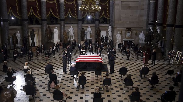 A U.S. Capitol Police honor guard surrounds the flag-draped casket of Justice Ruth Bader Ginsburg as lies in state in Statuary Hall of the U.S. Capitol, Friday, Sept. 25, 2020 A U.S. Capitol Police honor guard surrounds the flag-draped casket of Justice Ruth Bader Ginsburg as lies in state in Statuary Hall of the U.S. Capitol, Friday, Sept. 25, 2020