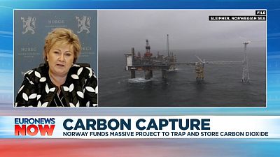 Norway's Prime Minister Erna Solberg explaining the "Longship" carbon capture and storage project