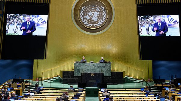 سكوت موريسون، رئيس وزراء أستراليا يتحدث في رسالة مسجلة خلال الدورة 75 للجمعية العامة للأمم المتحدة. سكوت موريسون، رئيس وزراء أستراليا يتحدث في رسالة مسجلة خلال الدورة 75 للجمعية العامة للأمم المتحدة.