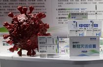 Sinopharm vakcina egy 3D-s koronavírus modellel egy pekingi szakkiállításon 2020. szeptember 6-án