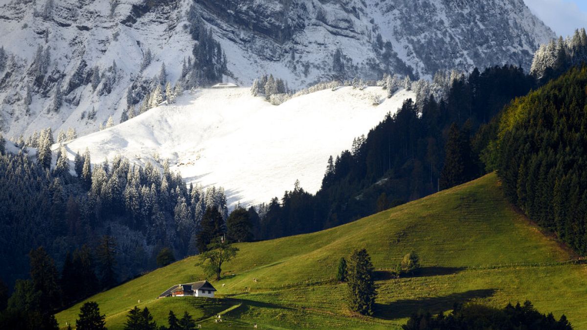 De la neige fraîche est visible sur les pentes de la montagne Moleson, près des pâturages encore verts, le samedi 26 septembre 2020, à Moleson, en Suisse. 