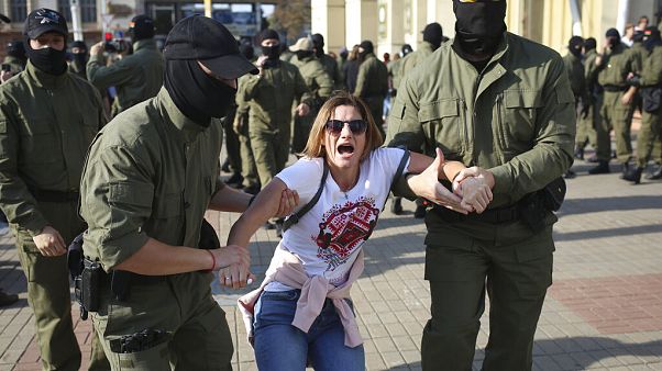 Police detain a protester during an opposition rally to protest the official presidential election results in Minsk, Belarus, Saturday, Sept. 26, 2020. Police detain a protester during an opposition rally to protest the official presidential election results in Minsk, Belarus, Saturday, Sept. 26, 2020.
