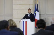 French President Emmanuel Macron speaks during a press conference on the situation in Lebanon, Sunday, Sept.27, 2020 in Paris.