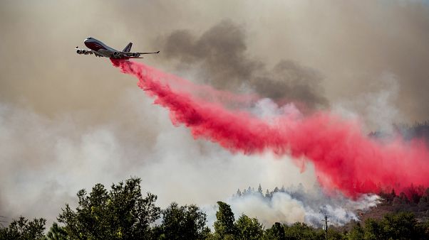 Una spettacolare scia rossa nel cielo: un aereo sta gettando un prodotto ritardante sulle fiamme nella Napa Valley. Una spettacolare scia rossa nel cielo: un aereo sta gettando un prodotto ritardante sulle fiamme nella Napa Valley.