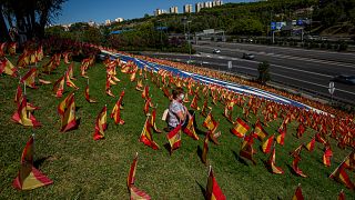 Una mujer se sienta entre las banderas españolas colocadas en memoria de las víctimas del coronavirus en Madrid, España, el domingo 27 de septiembre de 2020.