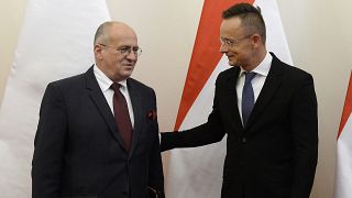 Hungarian Minister of Foreign Affairs and Trade Peter Szijjarto, right, welcomes his Polish counterpart, Zbigniew Rau