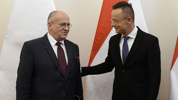 Hungarian Minister of Foreign Affairs and Trade Peter Szijjarto, right, welcomes his Polish counterpart, Zbigniew Rau Hungarian Minister of Foreign Affairs and Trade Peter Szijjarto, right, welcomes his Polish counterpart, Zbigniew Rau