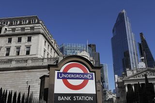 A blue sky over Britain's financial district in London, Monday, Sept. 28, 2020.