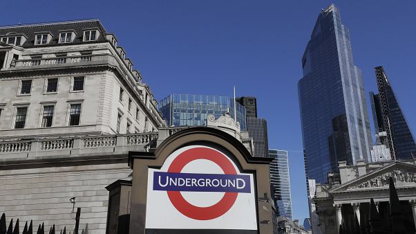 A blue sky over Britain's financial district in London, Monday, Sept. 28, 2020. A blue sky over Britain's financial district in London, Monday, Sept. 28, 2020.