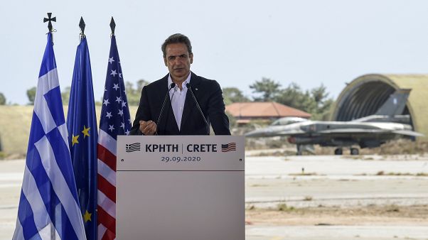 Greek Prime Minister Kyriakos Mitsotakis delivers a speech during his visit at the Naval Support Activity base at Souda Greek Prime Minister Kyriakos Mitsotakis delivers a speech during his visit at the Naval Support Activity base at Souda
