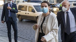 Sviatlana Tsikhanouskaya arrives for a meeting with French president Emmanuel Macron in Vilnius, Lithuania, on Tuesday September 29, 2020.