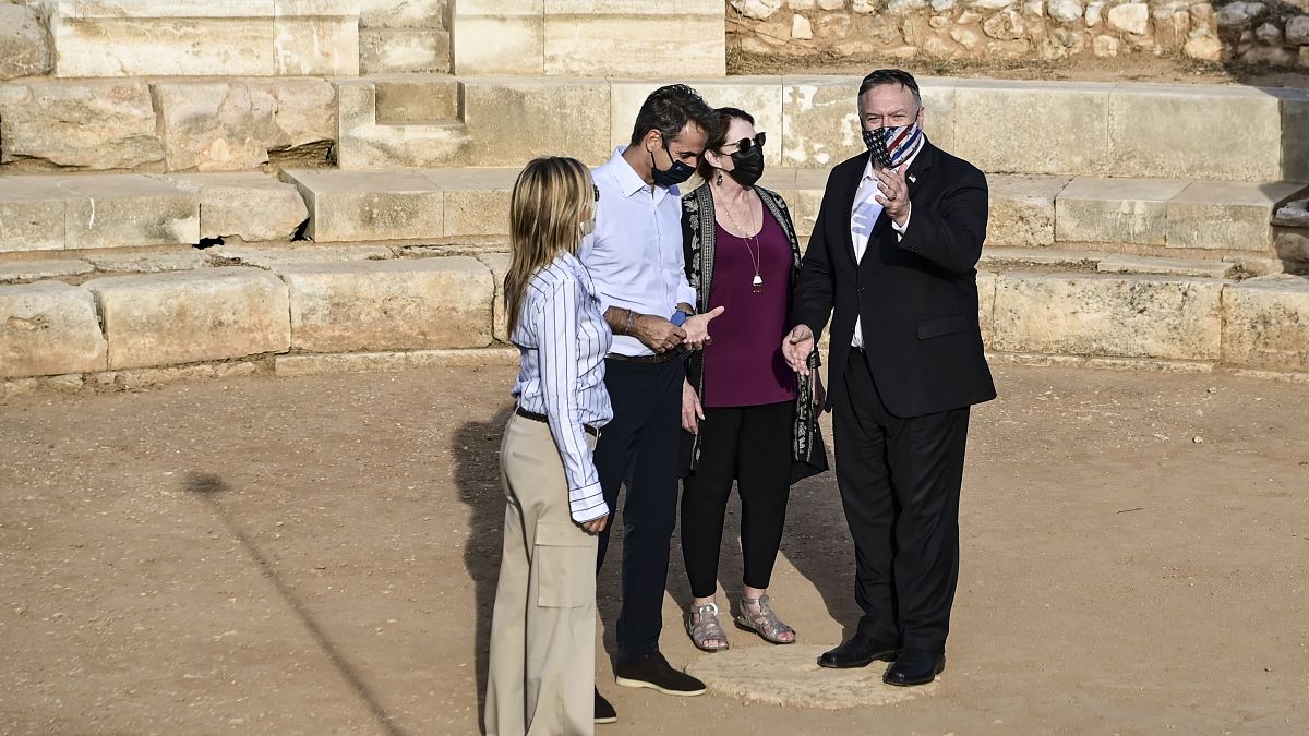 US Secretary of State Mike Pompeo, his wife Susan, Greek Prime Minister Kyriakos Mitsotakis and his wife Mareva Grabowski visit the archeological site of Aptera,in Crete