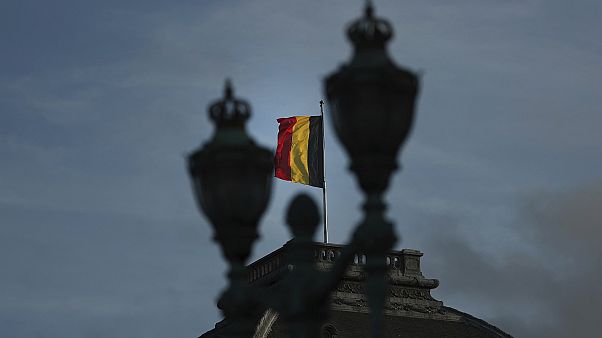 The Belgian flag flaps in the wind on the roof of the royal palace in Brussels. The Belgian flag flaps in the wind on the roof of the royal palace in Brussels.
