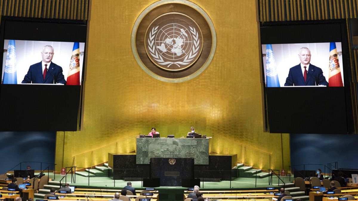 In this photo provided by the United Nations, President of the Republic of Moldova, Igor Dodon's pre-recorded message is played during the 75th session of the UN
