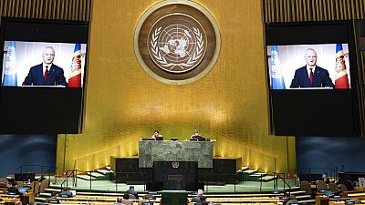 In this photo provided by the United Nations, President of the Republic of Moldova, Igor Dodon's pre-recorded message is played during the 75th session of the UN