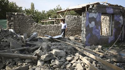 An apartment building seen on Wednesday with damage allegedly caused by shelling in fighting over Nagorno-Karabakh