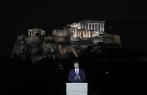 Greece's Prime Minister Kyriakos Mitsotakis speaks during a ceremony for the new lighting system of Acropolis in Athens