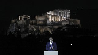 Greece's Prime Minister Kyriakos Mitsotakis speaks during a ceremony for the new lighting system of Acropolis in Athens