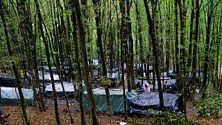 Migrants stand around improvised tents in a makeshift camp in the woods outside Velika Kladusa, Bosnia, Sept. 26, 2020.