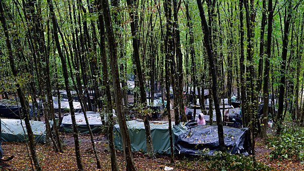 Migrants stand around improvised tents in a makeshift camp in the woods outside Velika Kladusa, Bosnia, Sept. 26, 2020. Migrants stand around improvised tents in a makeshift camp in the woods outside Velika Kladusa, Bosnia, Sept. 26, 2020.