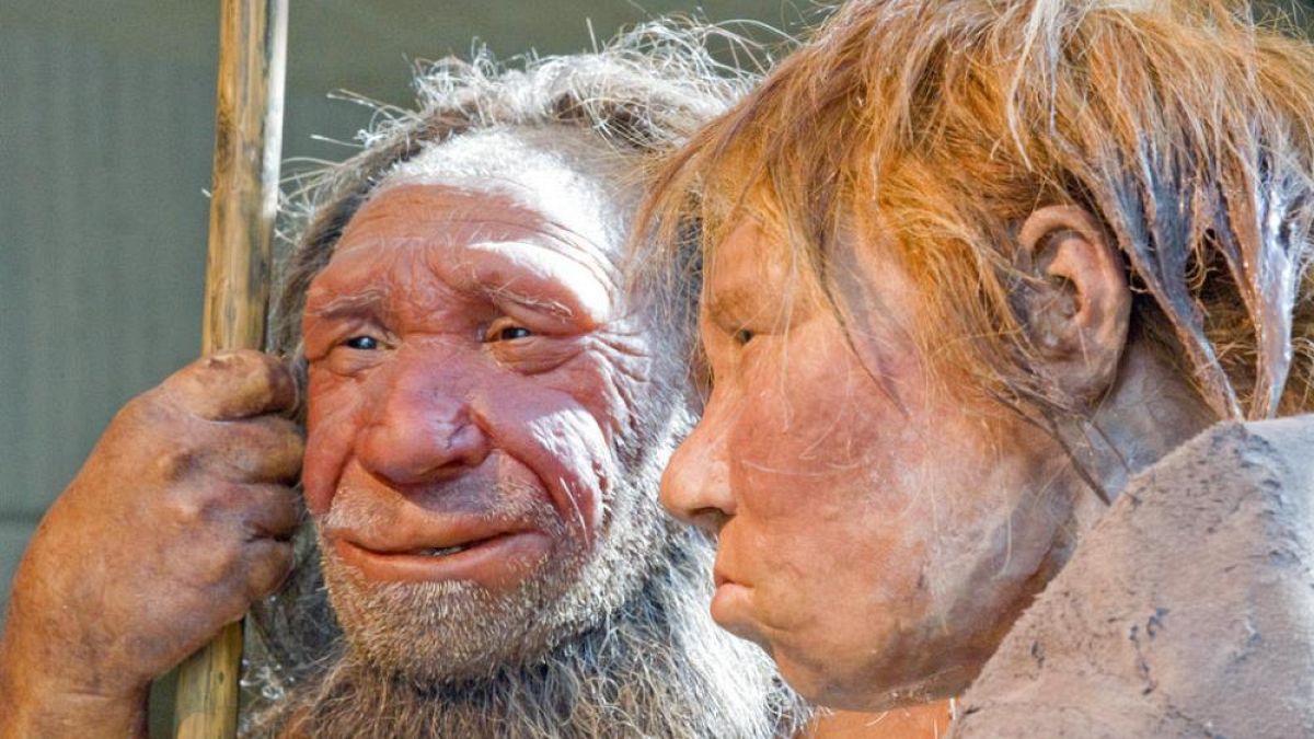 Nachstellung eines Neandertaler-Paares in einem deutschen Museum