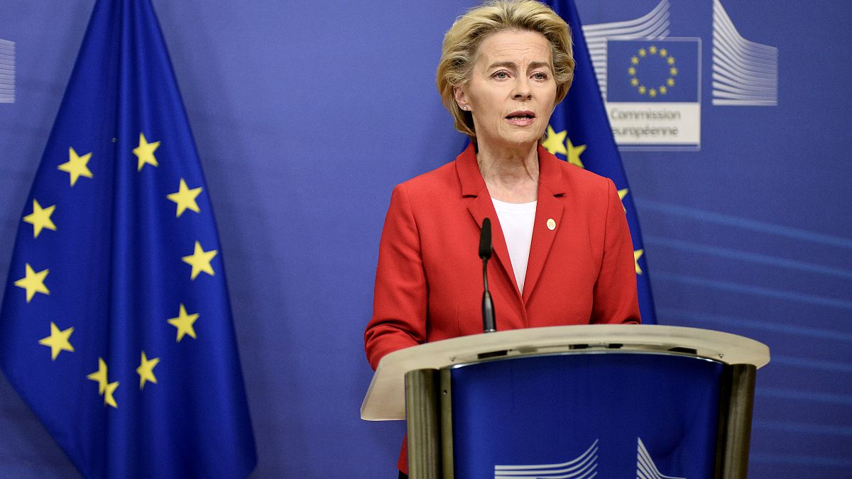European Commission President Ursula von der Leyen makes a statement regarding teh Withdrawl Agreement at EU headquarters in Brussels, Oct. 1, 2020.