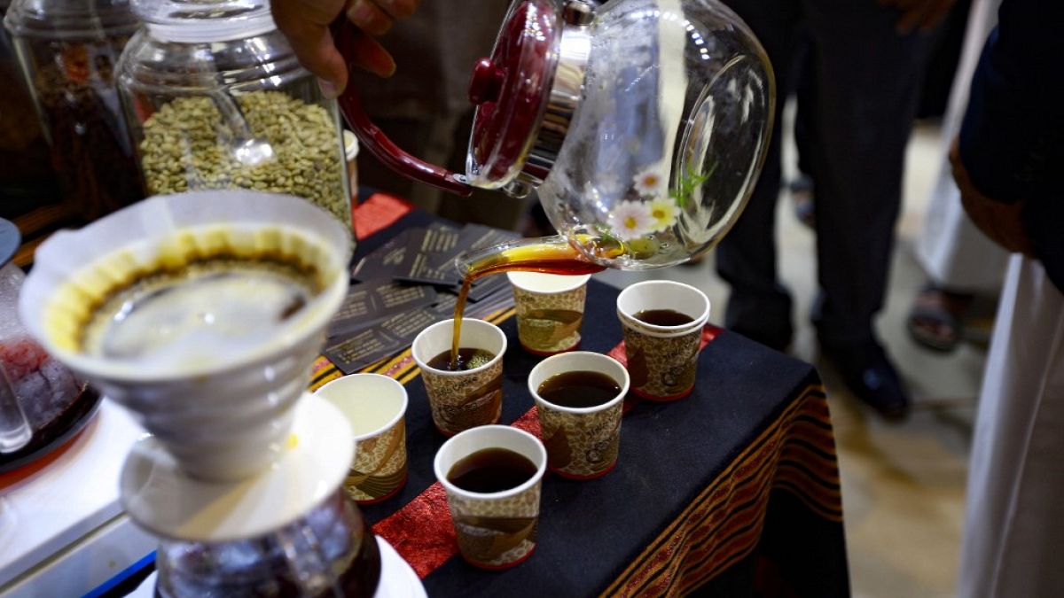 A variety of coffee is served during an event organised for International Coffee Day in Yemen's capital Sanaa