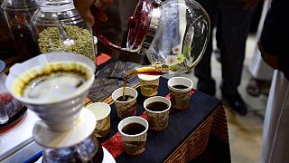 A variety of coffee is served during an event organised for International Coffee Day in Yemen's capital Sanaa