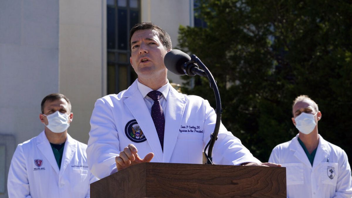 Dr. Sean Conley, physician to President Donald Trump, briefs reporters at Walter Reed National Military Medical Center in Bethesda, Md., Saturday, Oct. 3, 2020.