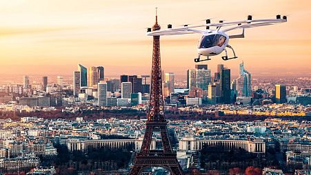 One of the aircrafts of German eVTOL Startup Volocopter flying over Paris